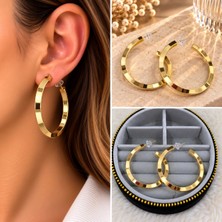 Fm 💎 Premium Parlak ve Şık Gold Renk Büyük Boy İnce Köşeli Halka 316L Çelik Kadın Küpe