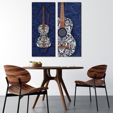 Tilki Dünyası 2'li Mandala Desenli Keman ve Gitar Temalı Kanvas Tablo-Lacivert Müzik Odası Duvar Dekoru - 30X70 cm
