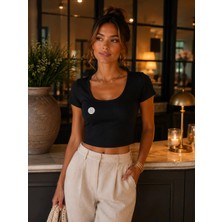 Mila Butik Basic U Yaka Crop Tişört Siyah
