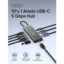 S-Link SW-U712 10 In 1 Gri Metal 2xhdmı 4K 60Hz, 100W Pd, RJ45 Gigabit, 3xusb-A, 1xtype-C Data, Sd/t