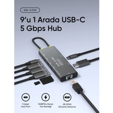 S-Link SW-U709 9 In 1 Gri Metal 4K 60Hz HDMI 100W Pd, RJ45 Gigabit, 3xusb 3.2, Sd/tf Type C Hub Adap