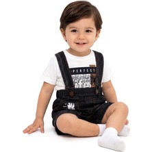 Bebegen Erkek Bebek Beyaz Siyah Percect Yazı Baskılı Kot Salopet 2'li Takım