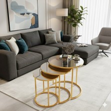 Usta Mekan Usta Gold Modern Metal Gümüş (Düz) Aynalı 3lü Zigon Sehpa Cam Malzemeden Şık Tasarım