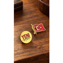 kuyumcudan Yuvarlak Yeni Parti ve Türk Bayrağı Altın Kaplama Yaka Rozeti