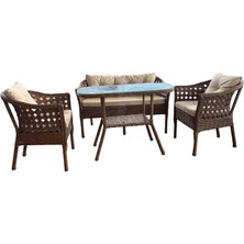 Alle Garden Mini Çay Seti 4 Kişilik Kahverengi  Kuş Yuvası Örgü Rattan Balkon Takımı Masalı 2+1+1 Bahçe Teras Veranda Oturma Grubu