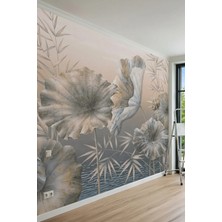 Dreamwall Büyük Lotus Yaprakları, Bambu Dalları ve Su Dalgaları Motifli Tek Parça Tekstil Duvar Kağıdı