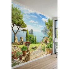 Dreamwall Taş Basamaklı Yol, Çiçekli Duvarlar ve Sahil Köyü Manzaralı Tek Parça Tekstil Duvar Kağıdı