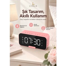 Linber Pembe Bluetooth 5.0 Aynalı Masa Saati ve Hoparlör – 2 Alarm, Erteleme, Fm Radyo, Tf Kart ve Dahili Mikrofon