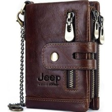Jeep Erkek Cüzdanı 100% Hakiki Deri Bozuk Para Kart Bölmeli Zincir Tutuculu Kahverengi