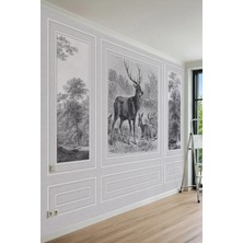 Dreamwall Geyik Figürlü Siyah Beyaz Gravür Sanatı ve Çıta Desenli Tek Parça Tekstil Duvar Kağıdı