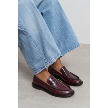 Nişantaşı Shoes Vega Bordo Su Yolu Kroko Hakiki Deri Düz Taban Kadın Loafer Ayakkabı