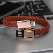Linber Örgü Kahve Bileklik Şarj Kablosu 22,5cm Lightning 60W Hızlı Şarj Powerbank Uyumlu