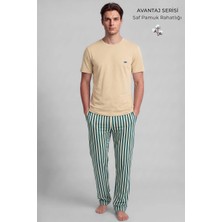 Mısırlı Pamuklu Kısa Kollu Pijama Takım Tereyağ Sarısı-Yeşil Çizgili