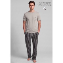 Mısırlı Pamuklu Kısa Kollu Pijama Takım Taş-Siyah Çizgili