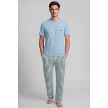Mısırlı Pamuklu Kısa Kollu Pijama Takım Mavi-Su Yeşili Çizgili