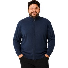 Erkek Büyük Beden Koyu Indigo Fermuarlı Dik Yaka Pamuklu Hırka 3xl-4xl-5xl-6xl