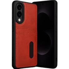 Bezos Samsung Galaxy S25 Uyumlu Edge Sara Kartvizitli Deri Kılıf - Kırmızı