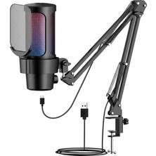 Linber USB Rgb Kondansatör Mikrofon + Boom Kol Stand Seti | Mute Tuşlu Gürültü Azaltma
