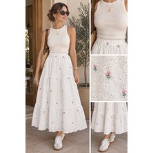 Pazen Moda Kadın Beyaz Pembe Çiçek Nakışlı Fisto Kumaş Yüksek Bel Katlı Midi Etek