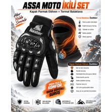Assa Moto Karztec 2'li Set Siyah Renk Motosiklet Eldiveni - Profesyonel Yüksek Korumalı Dokunmatik Özellikli Tam Parmak ve Termal Balaklava Maskesi
