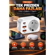 Merwish Tekli Priz Çoğaltıcı 2500W 10A 2 Usb-A Type-C 12W Çoklu Şarj Adaptörü