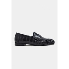 Nişantaşı Shoes Capri Siyah Su Yolu Kroko Hakiki Deri Düz Taban Kadın Loafer Ayakkabı