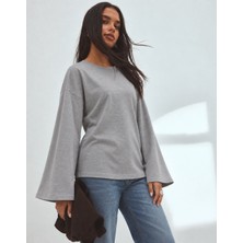 Öz Pamuk Kadın Soft  Kumaş Bisiklet Yaka Oversize Içi Polarlı Uzun Kollu Sweatshirt Bluz