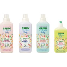 U green Clean Baby Vegan Bitkisel Çamaşır Deterjanı 1 lt + Yumuşatıcı 1 lt + Leke Çıkarıcı 1 lt + Emzik Biberon Temizleyici 500 ml