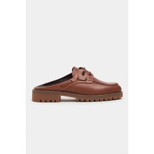 Nişantaşı Shoes Fandy Taba Mat Hakiki Deri Bağcık Detaylı Kalın Taban Kadın Loafer Terlik