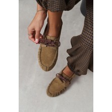 Nişantaşı Shoes Lorena Rome Bej Süet Deri Bağcık Detay Düz Taban Kadın Loafer Ayakkabı