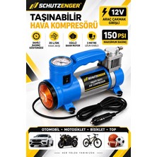 SCHUTZENGER 12V Araç Çakmak Girişli Taşınabilir Hava Kompresörü 150 Psı – Göstergeli ve Işıklı Lastik Şişirme Pompası Mavi