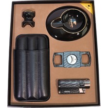 Cohiba 4 Torch Pürmüz Çakmak Kılıf Küllük Kesici Sehpa Karbon Desenli Siyah Beşli Puro Seti TR10023