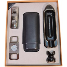 Parmida 3 Torch Pürmüz Çakmak Kılıf Küllük Kesici Sehpa Gunmetal Siyah Beşli Puro Seti TR10027