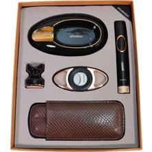 Parmida Tek Torch Pürmüz Çakmak Kesici Küllük Kılıf Sehpa Siyah Gold Beşli Puro Seti TR10025