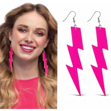 Pileli Store 80’ler 90'lar Retro Neon Pembe Şimşek Küpe 10 cm