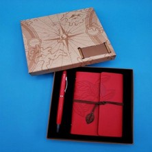 Pileli Store Özel Tasarım Kutulu Kırmızı Deri Defter ve Kırmızı Kalem Set