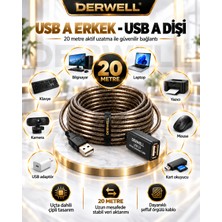 Derwell Yeni 2026 20 Metre USB 2.0 Aktif Uzatma Kablosu Dahili Güçlendirilmiş Sinyal Çipli Kopma Donma Yapmaz Tak Çalıştır Erkek Dişi Yüksek Hızlı Kararlı Veri Aktarım Kablosu Gold Seri Premium