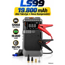 Mobixom LS99 19.800 Mah Akü Takviye Cihazı ve 150 Psı Hava Kompresörü, 1200A Tepe Akım, Dijital Ekranlı Lastik Şişirme