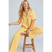 Siyah İnci Sarı Ekose Kareli Nakışlı Düğmeli Biyeli Ince Soft Örme Pijama Takımı 8001