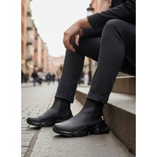 11boa BA0444 Bağcıksız Rahat Yüksek Taban Siyah Erkek Spor Yarım Bilek Bot