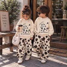 Cg Kids Inek Desenli Sweatshirt Krem Siyah Baskılı Lastikli Paça Eşofman Kız & Erkek Çocuk Alt Üst Takım