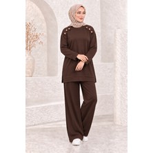 SFG Life Moda Kadın Omuz Bakır Düğme Detaylı Bisiklet Yaka Oysho Kumaş Bol Paça Tunik Pantolon Tesettür Ikili Takım