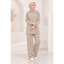 SFG Life Moda Kadın Omuz Bakır Düğme Detaylı Bisiklet Yaka Oysho Kumaş Bol Paça Tunik Pantolon Tesettür Ikili Takım