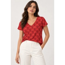 Prolet Kadın %100 Pamuk V Yaka Kısa Kollu T-Shirt - Kırmızı Retro Çiçek