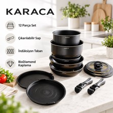 Karaca Biodiamond Çıkarılabilir Saplı 12 Parça Tencere Tava Seti, Indüksiyon Tabanlı, Cam ve Saklama Kapaklı, Siyah, Çok Amaçlı, Yanmaz Yapışmaz Yüzey