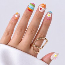 Takma Takma  Renkli Nail Art Kısa Yuvarlak 10'lu Tekrar Kullanılabilir El Yapımı Protez Takma Tırnak EKYL3032  Renkli-M