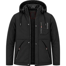 Sivaist Erkek Siyah Kapüşonlu Kışlık Softshell Suya Dayanıklı Fermuarlı Cepli Outdoor Mont