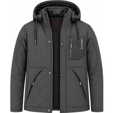 Sivaist Erkek Gri Kapüşonlu Kışlık Softshell Suya Dayanıklı Fermuarlı Cepli Outdoor Mont