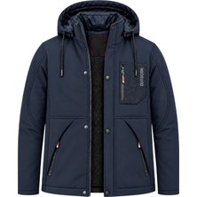 Sivaist Erkek Lacivert Kapüşonlu Kışlık Softshell Suya Dayanıklı Fermuarlı Cepli Outdoor Mont