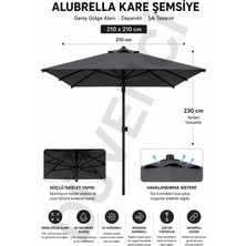 Düvenci Alubrella Kare Antrasit Güneş Şemsiyesi, 210 cm Çap / 8 Telli, Bidonsuz